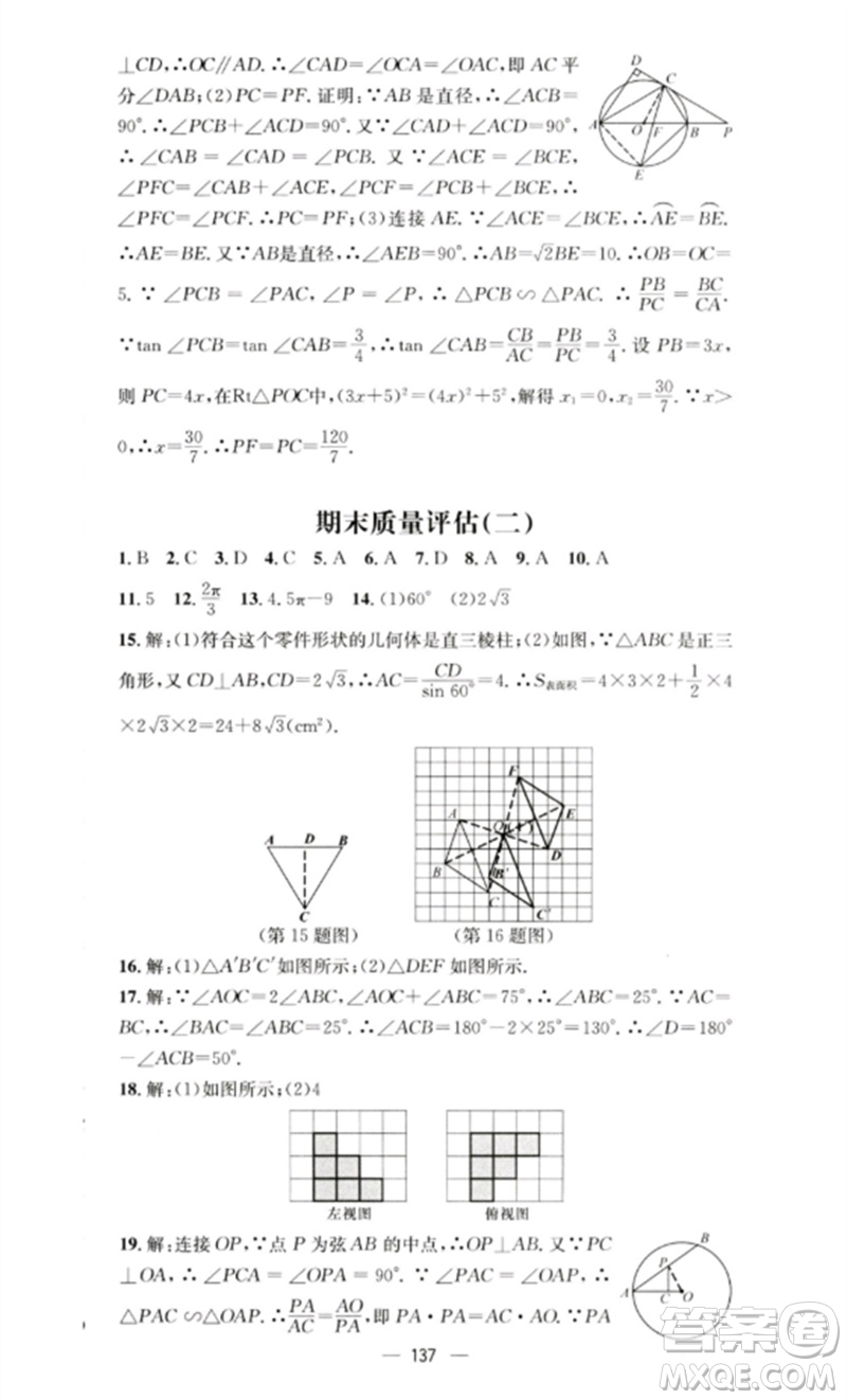 陽光教育出版社2023精英新課堂九年級數(shù)學(xué)下冊滬科版參考答案