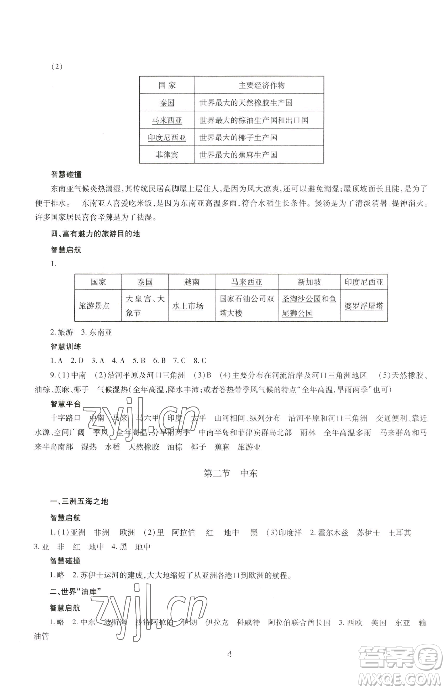 明天出版社2023智慧學(xué)習(xí)導(dǎo)學(xué)練七年級(jí)下冊(cè)地理商務(wù)星球版參考答案