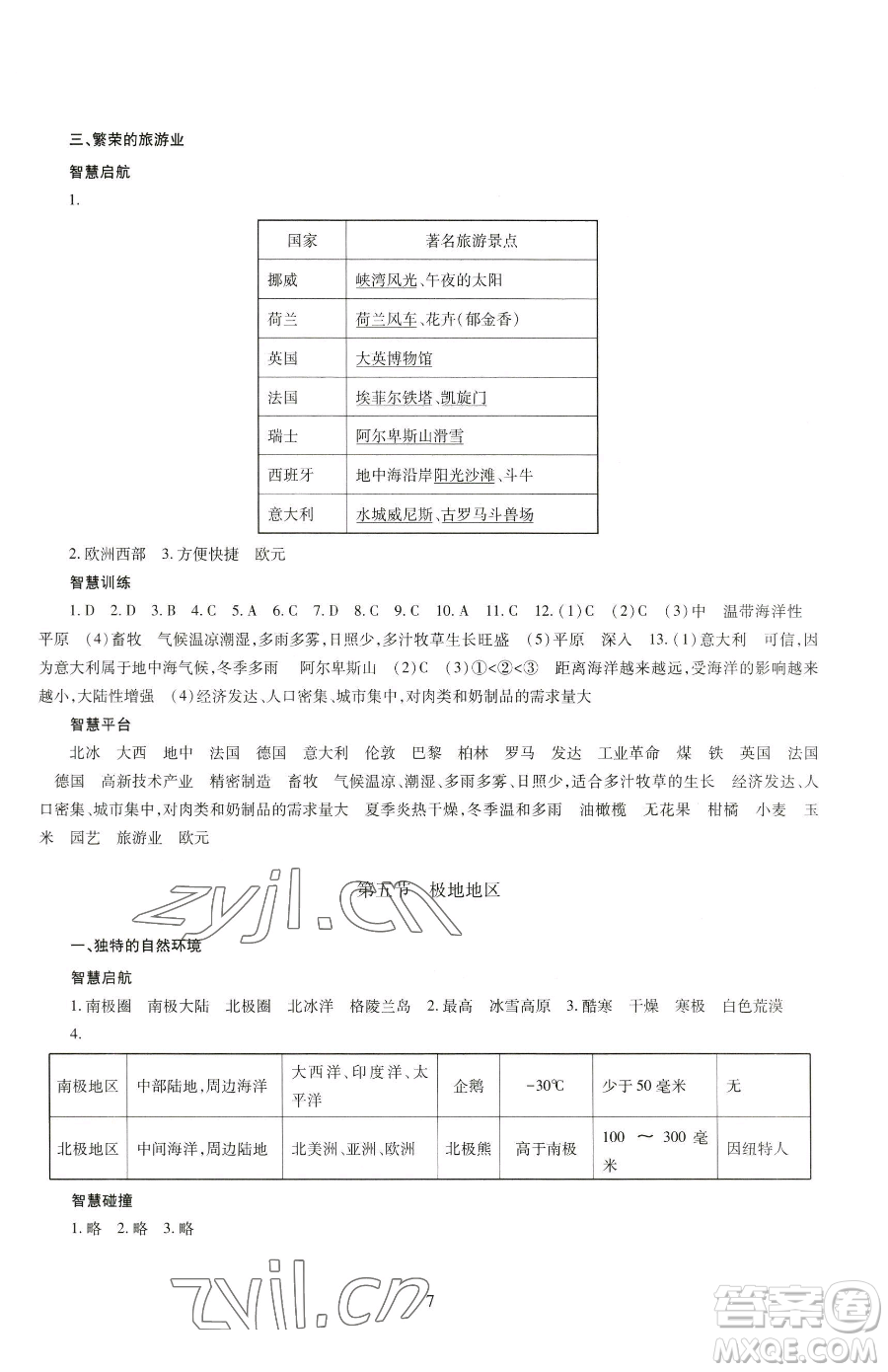 明天出版社2023智慧學(xué)習(xí)導(dǎo)學(xué)練七年級(jí)下冊(cè)地理商務(wù)星球版參考答案