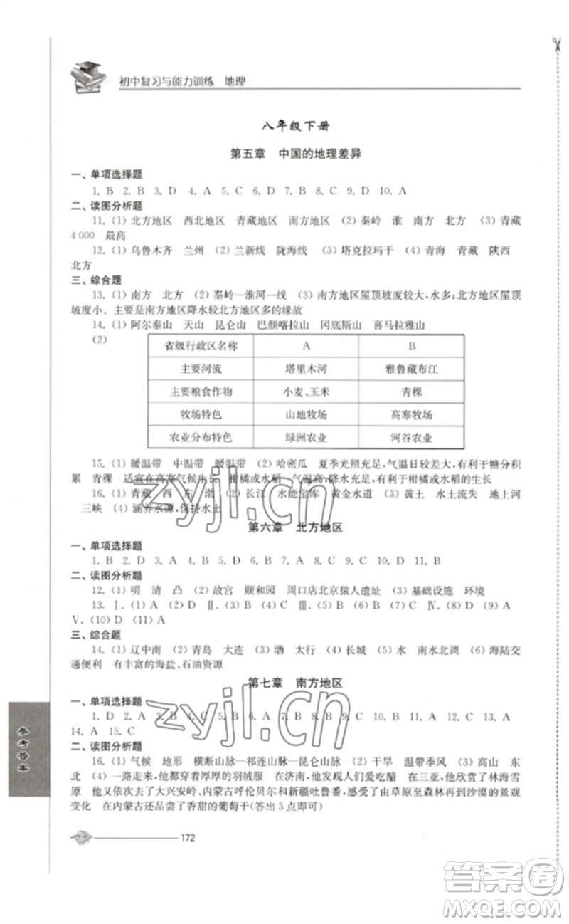 江蘇人民出版社2023初中復(fù)習(xí)與能力訓(xùn)練中考地理通用版參考答案