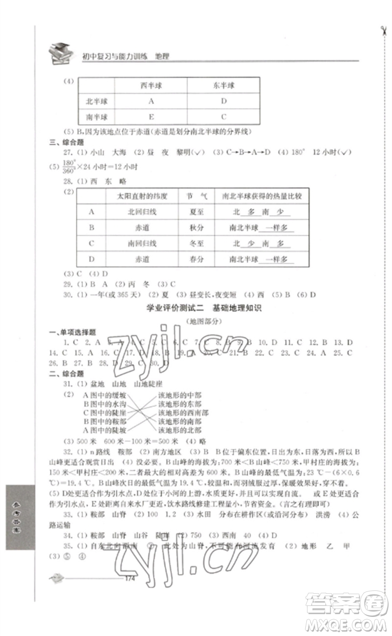 江蘇人民出版社2023初中復(fù)習(xí)與能力訓(xùn)練中考地理通用版參考答案