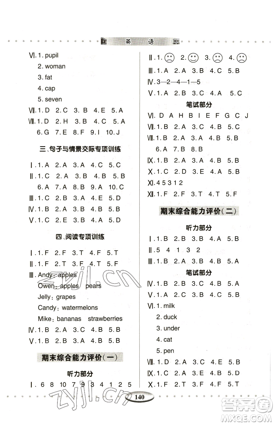 青島出版社2023智慧學(xué)習(xí)三年級(jí)下冊(cè)英語人教版參考答案