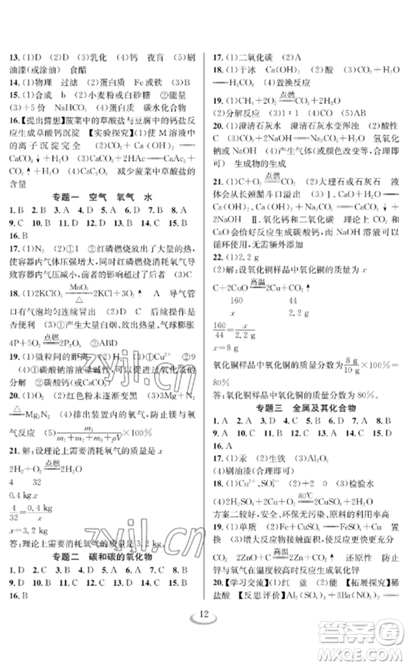 長江少年兒童出版社2023中考復習指南化學通用版襄陽專版參考答案