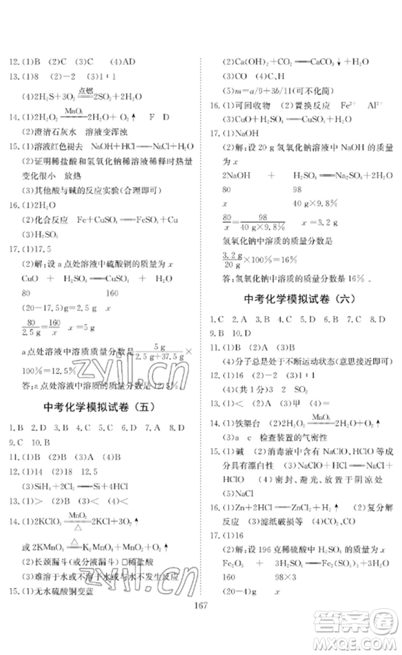 長江少年兒童出版社2023中考復(fù)習(xí)指南化學(xué)通用版黃石專版參考答案