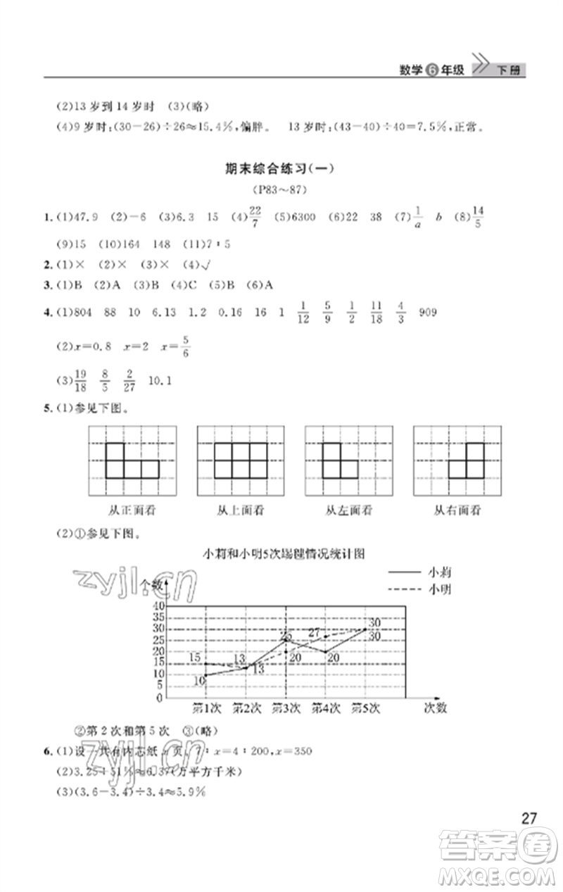 武漢出版社2023智慧學(xué)習(xí)天天向上課堂作業(yè)六年級(jí)數(shù)學(xué)下冊(cè)人教版答案