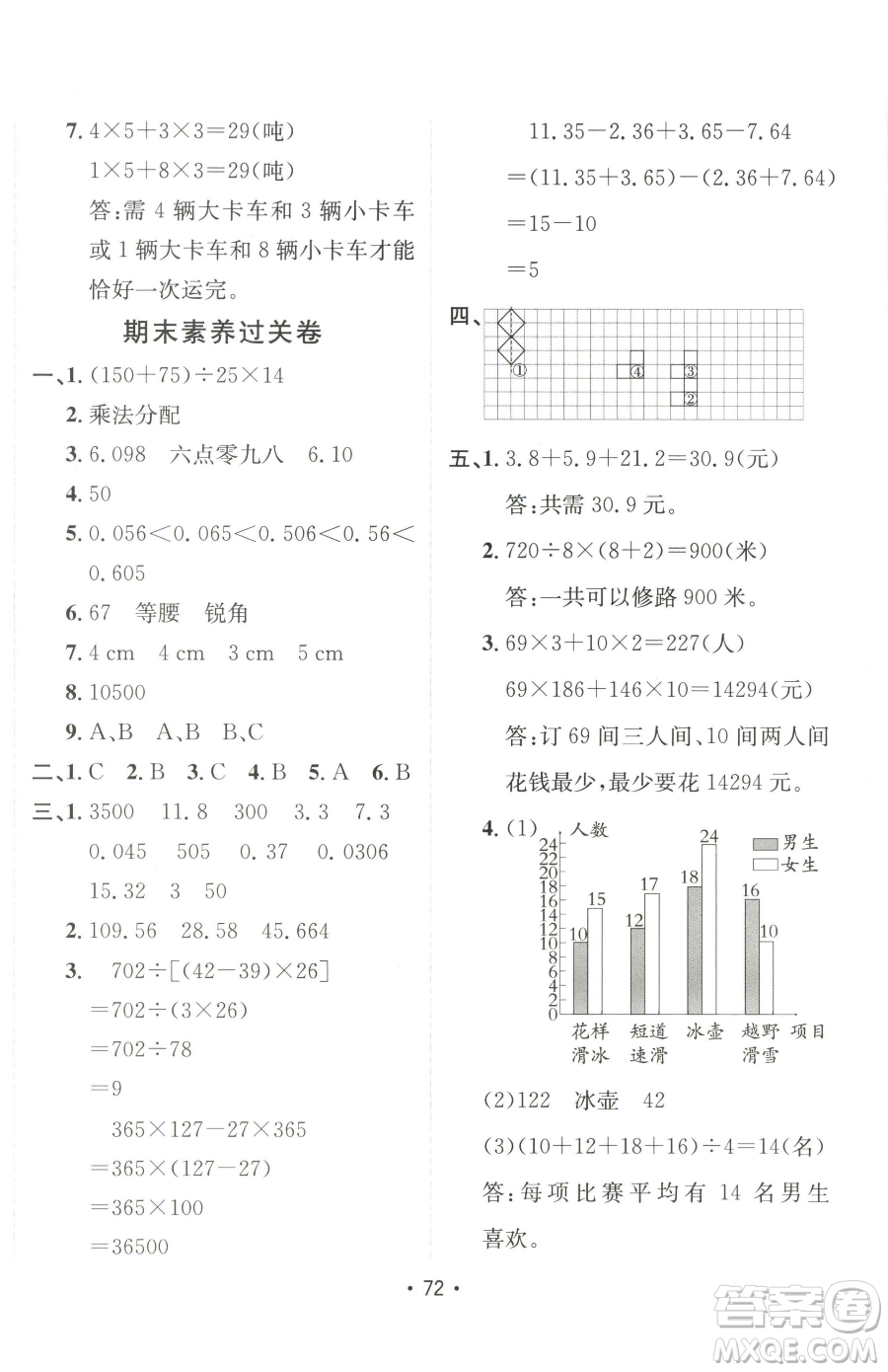 新疆青少年出版社2023同行課課100分過關(guān)作業(yè)四年級下冊數(shù)學(xué)人教版參考答案