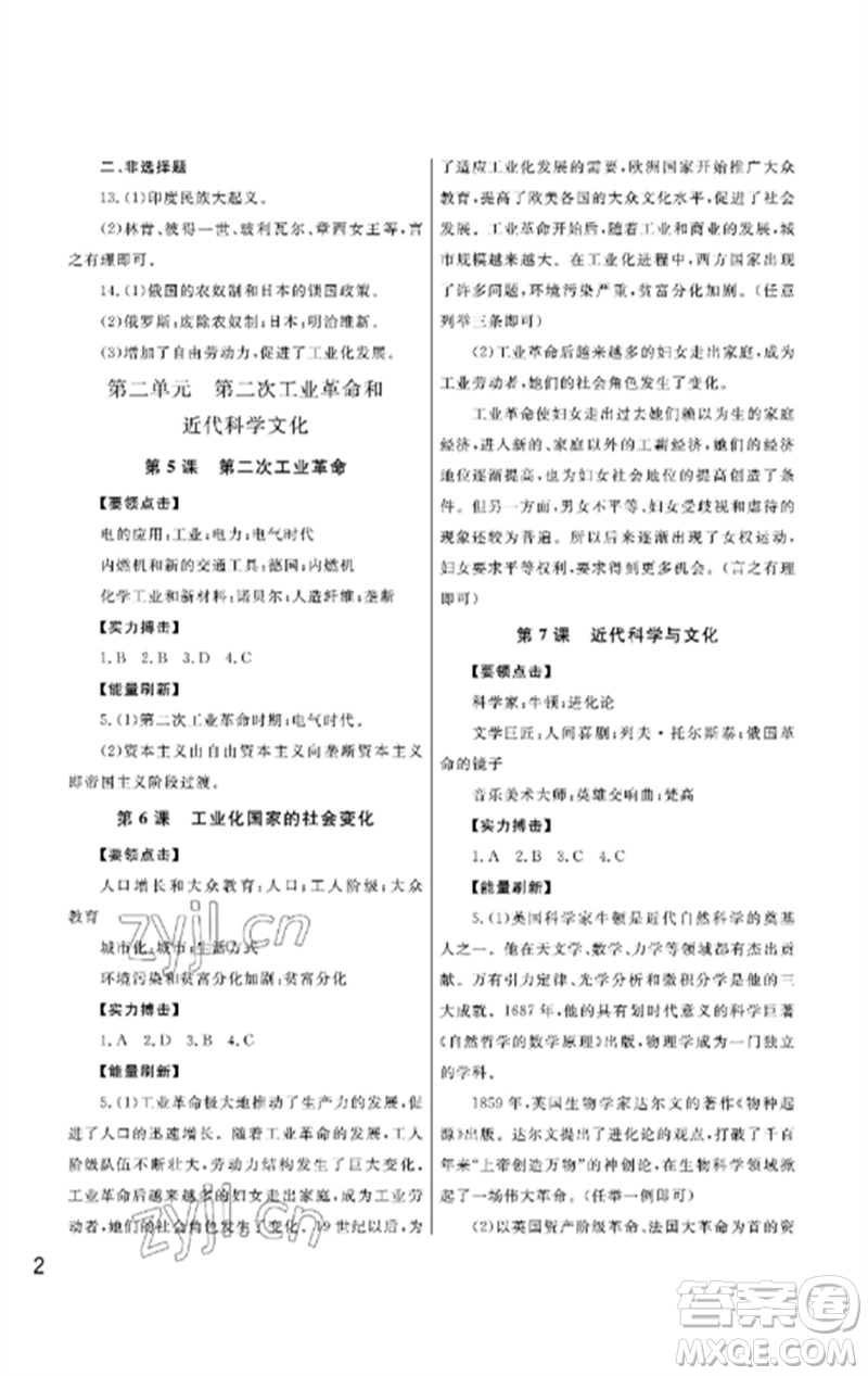 武漢出版社2023智慧學(xué)習(xí)天天向上課堂作業(yè)九年級歷史下冊人教版參考答案