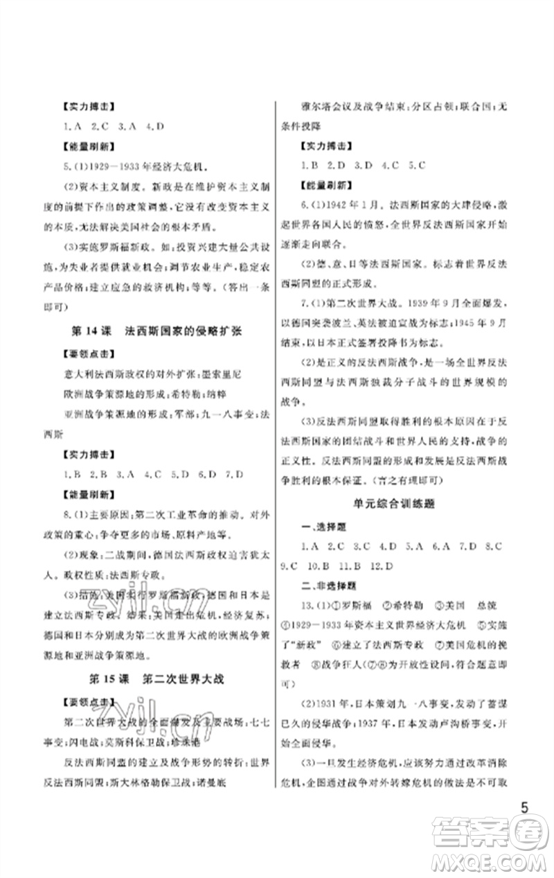 武漢出版社2023智慧學(xué)習(xí)天天向上課堂作業(yè)九年級歷史下冊人教版參考答案