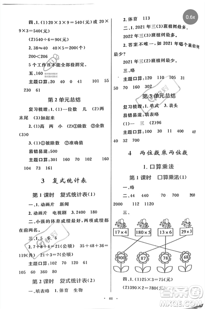 內(nèi)蒙古教育出版社2023小學(xué)同步學(xué)習(xí)目標(biāo)與檢測三年級數(shù)學(xué)下冊人教版參考答案