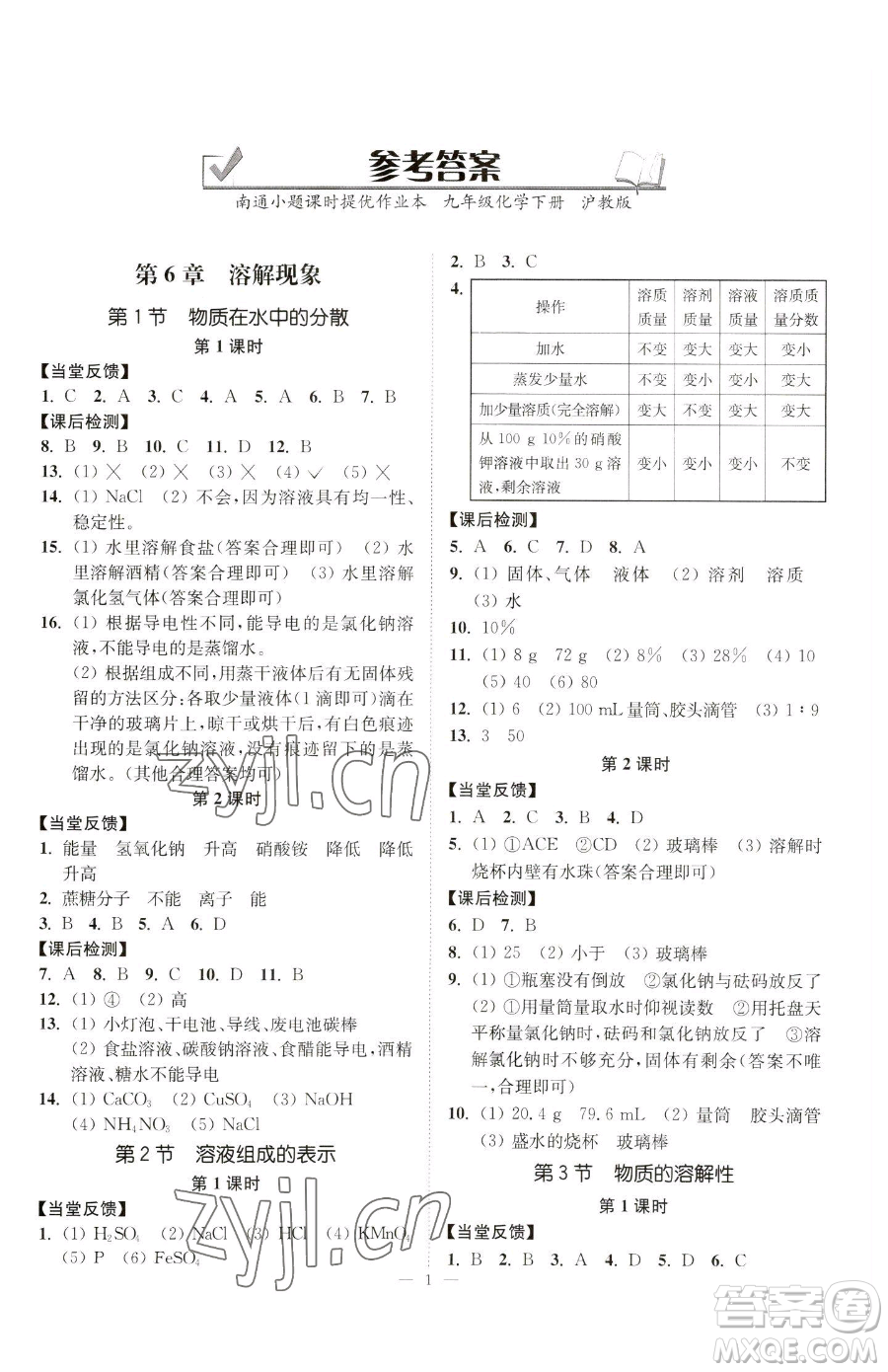 江蘇鳳凰美術(shù)出版社2023南通小題課時(shí)提優(yōu)作業(yè)本九年級(jí)下冊(cè)化學(xué)滬教版參考答案