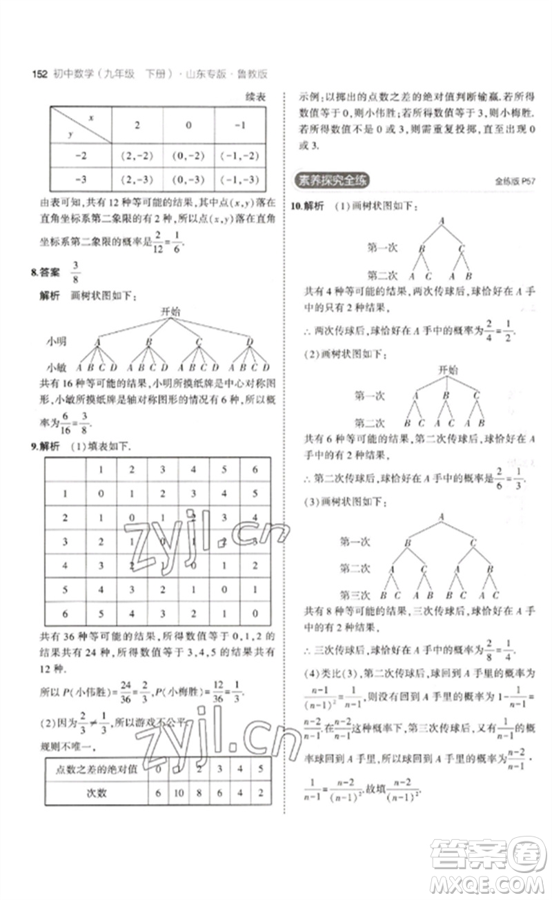 教育科學(xué)出版社2023年初中同步5年中考3年模擬九年級數(shù)學(xué)下冊魯教版版山東專版參考答案