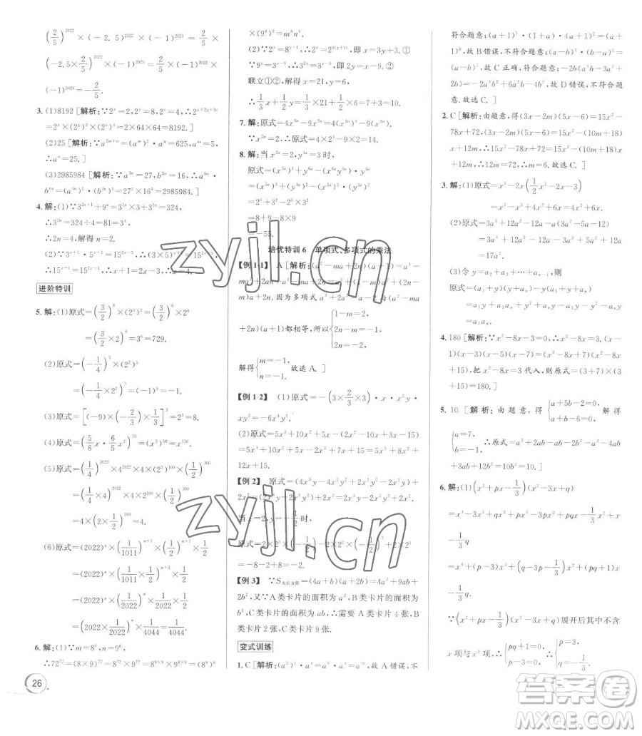 浙江人民出版社2023優(yōu)+攻略七年級下冊數(shù)學浙教版參考答案