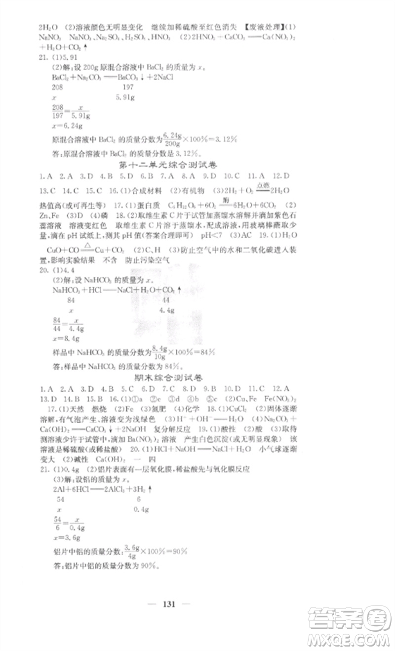 四川大學(xué)出版社2023課堂點(diǎn)睛九年級化學(xué)下冊人教版參考答案