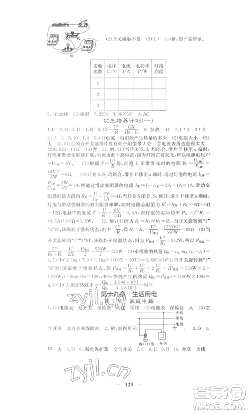 四川大學出版社2023課堂點睛九年級物理下冊人教版安徽專版參考答案