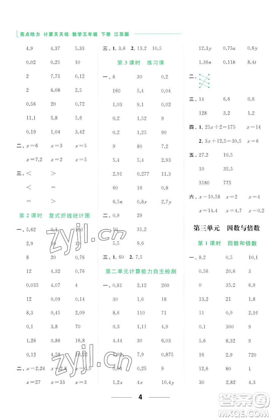 北京教育出版社2023亮點(diǎn)給力計算天天練五年級下冊數(shù)學(xué)江蘇版參考答案