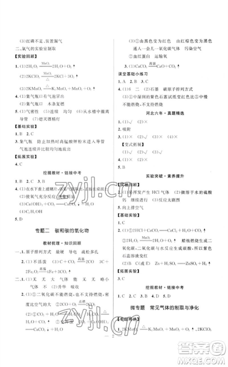 河北少年兒童出版社2023奪冠百分百中考沖刺九年級化學精講冊通用版河北專版參考答案