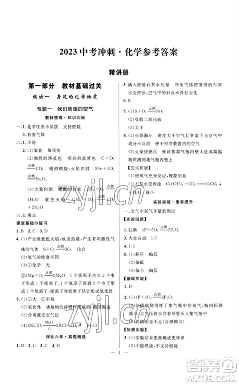 河北少年兒童出版社2023奪冠百分百中考沖刺九年級化學精講冊通用版河北專版參考答案