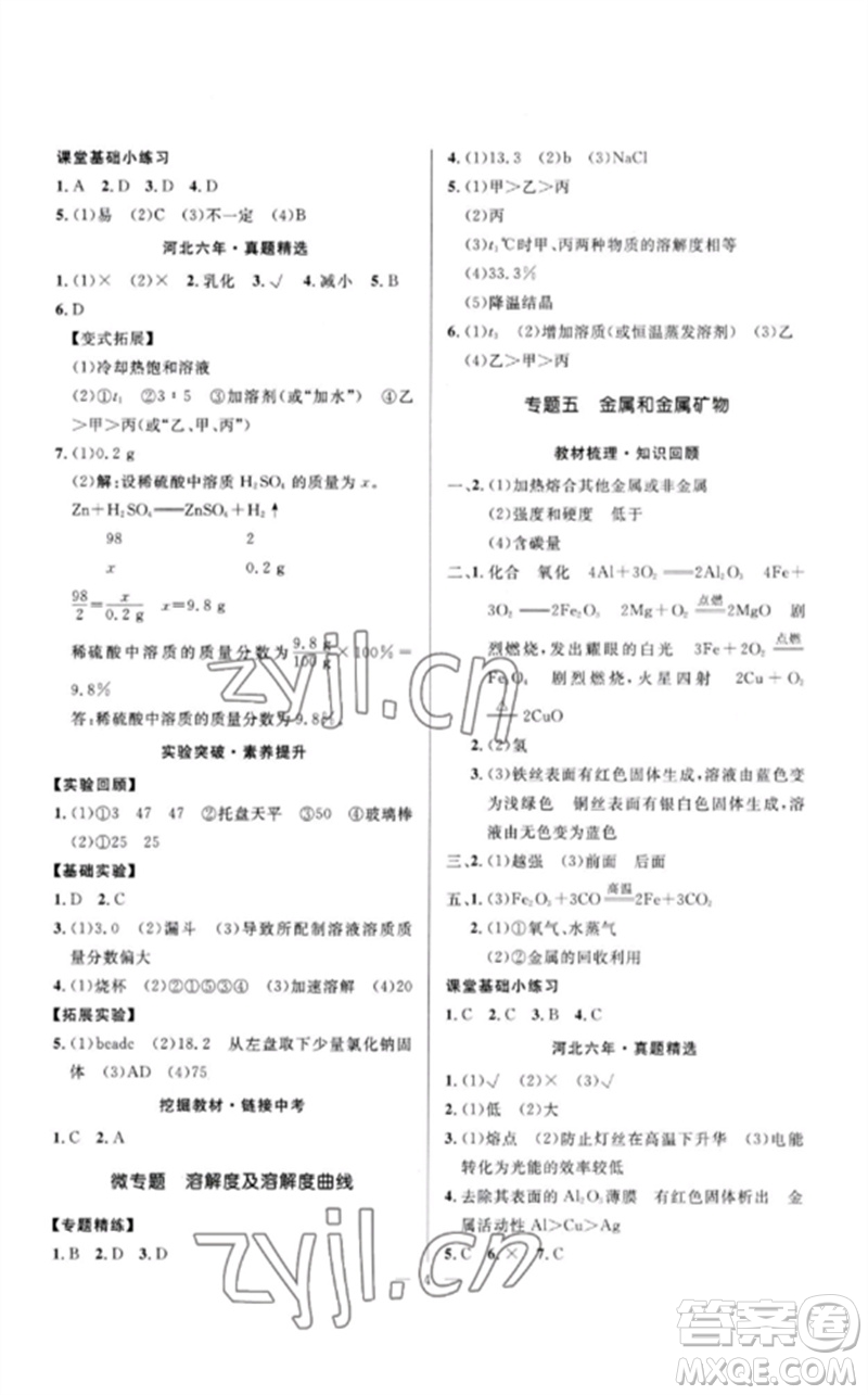 河北少年兒童出版社2023奪冠百分百中考沖刺九年級化學精講冊通用版河北專版參考答案