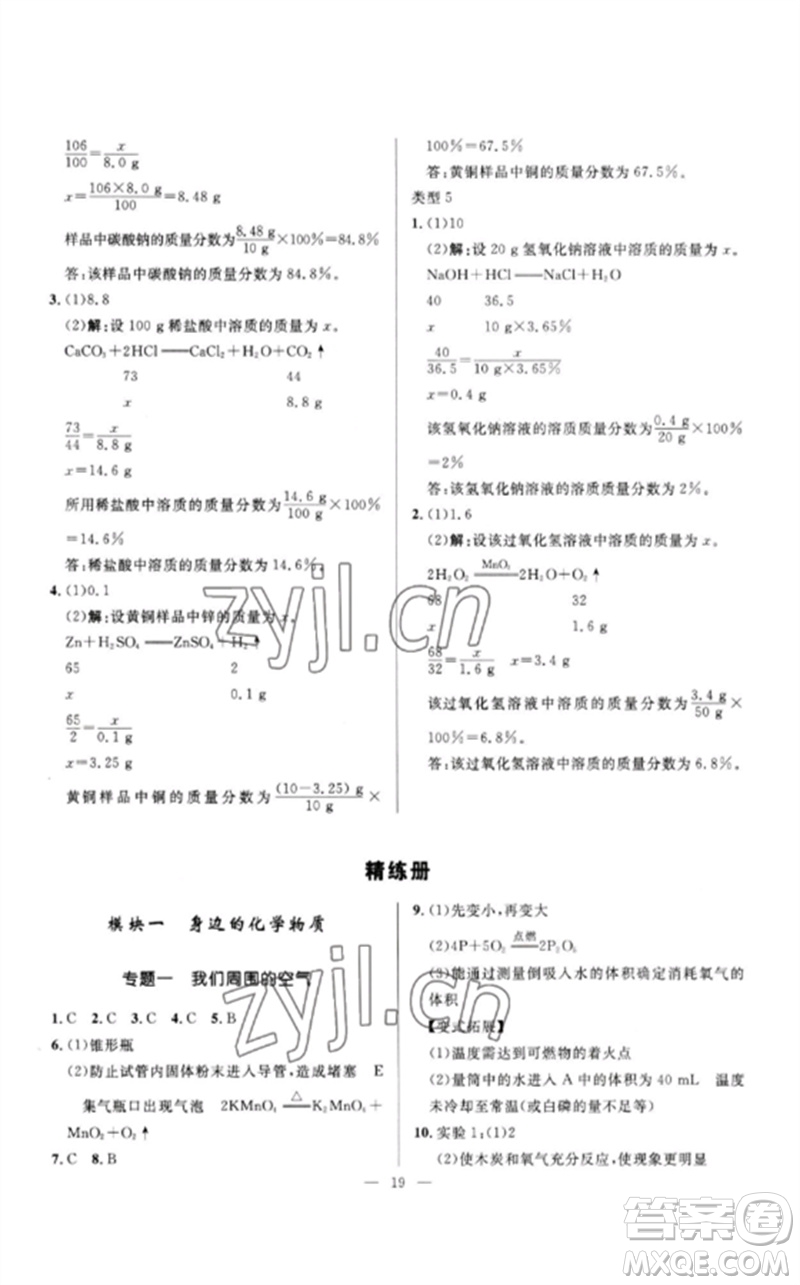 河北少年兒童出版社2023奪冠百分百中考沖刺九年級化學精講冊通用版河北專版參考答案