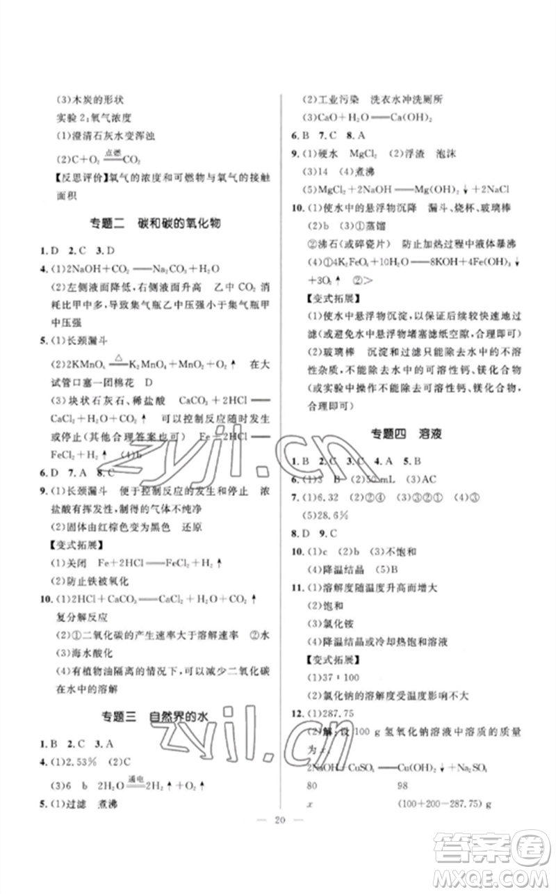 河北少年兒童出版社2023奪冠百分百中考沖刺九年級化學精講冊通用版河北專版參考答案