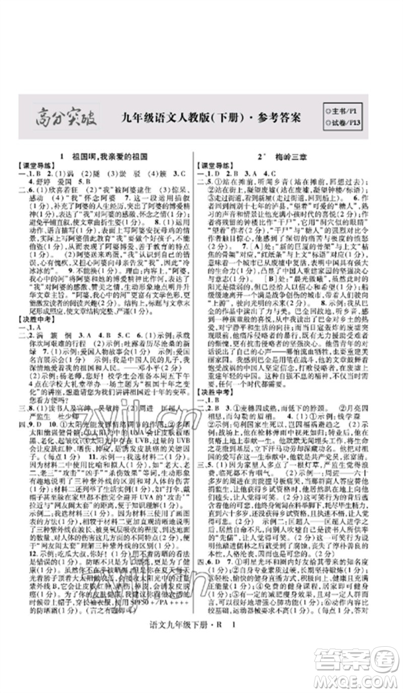 世界圖書出版公司2023高分突破課時達(dá)標(biāo)講練測九年級語文下冊人教版參考答案