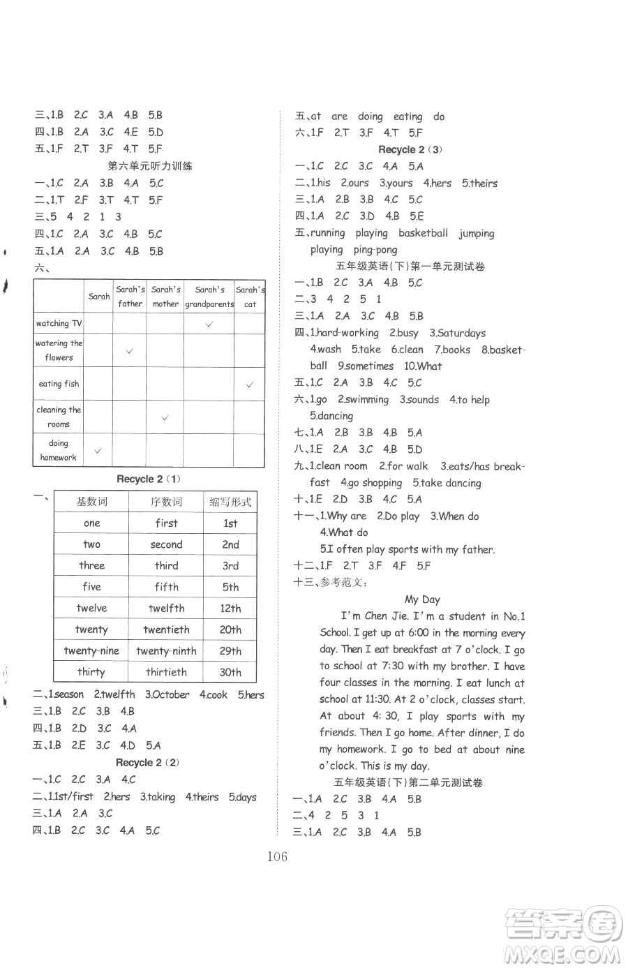 安徽文藝出版社2023陽光課堂課時作業(yè)五年級下冊英語人教版參考答案