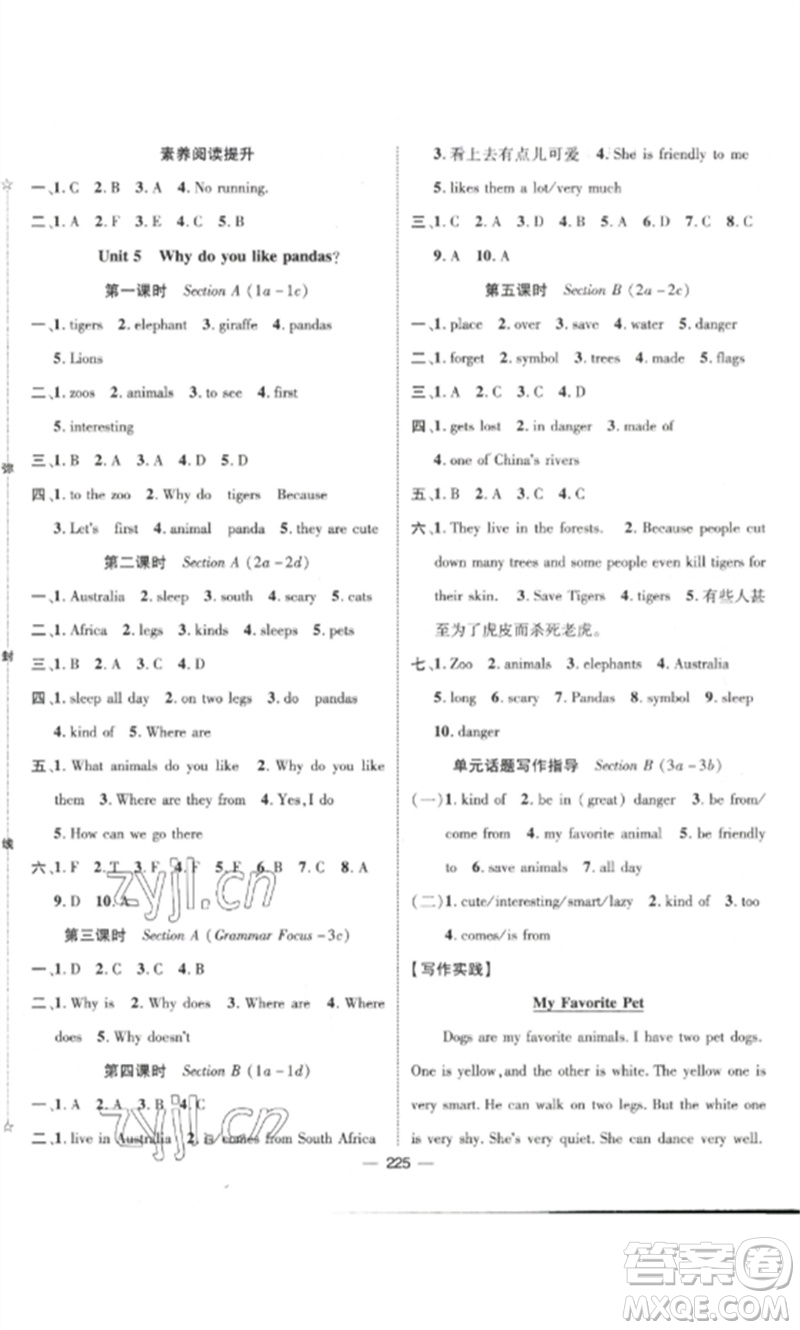 江西教育出版社2023精英新課堂三點(diǎn)分層作業(yè)七年級英語下冊人教版參考答案