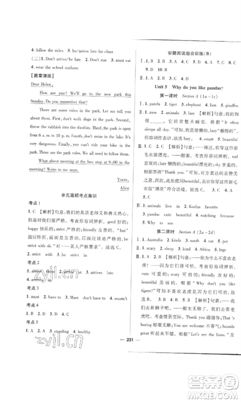 陽(yáng)光出版社2023精英新課堂七年級(jí)英語(yǔ)下冊(cè)人教版安徽專版參考答案