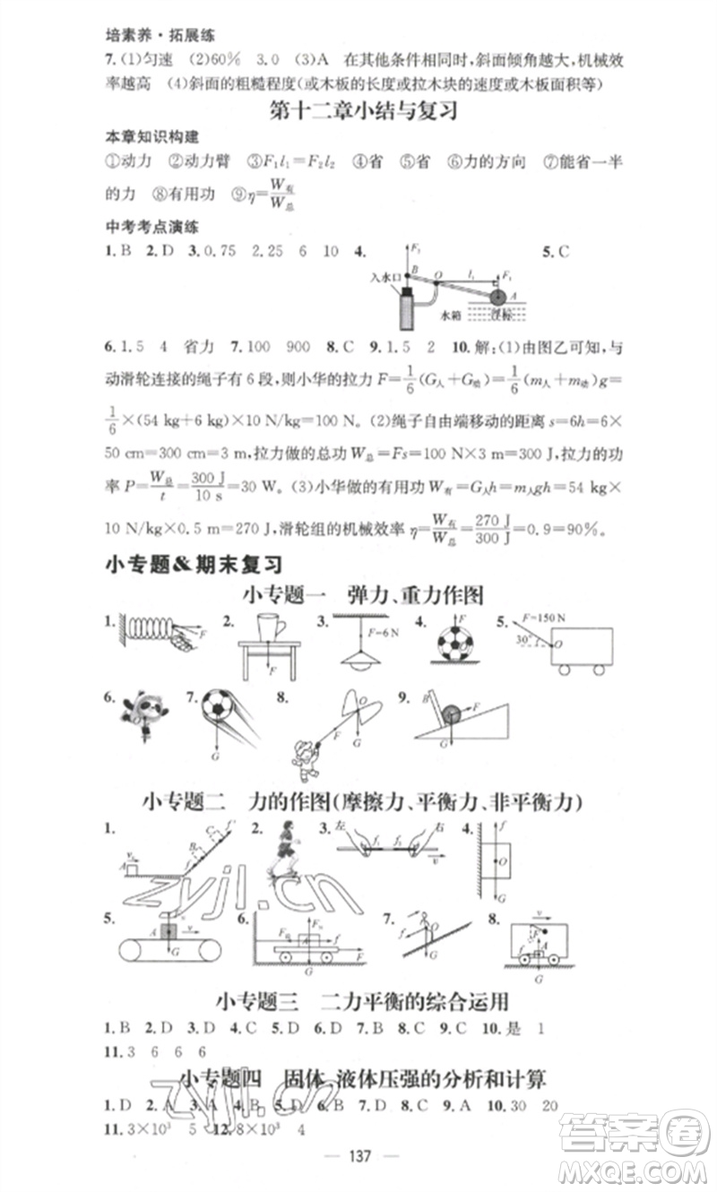 江西教育出版社2023精英新課堂三點分層作業(yè)八年級物理下冊人教版參考答案