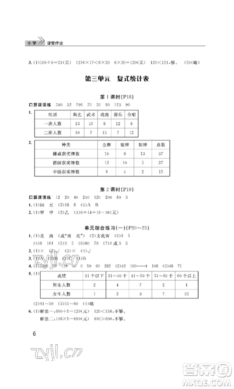 武漢出版社2023智慧學(xué)習(xí)天天向上課堂作業(yè)三年級(jí)數(shù)學(xué)下冊(cè)人教版參考答案