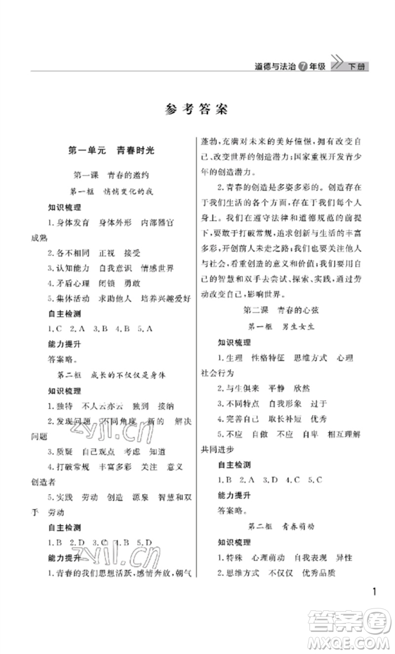 武漢出版社2023智慧學(xué)習(xí)天天向上課堂作業(yè)七年級(jí)道德與法治下冊(cè)人教版參考答案