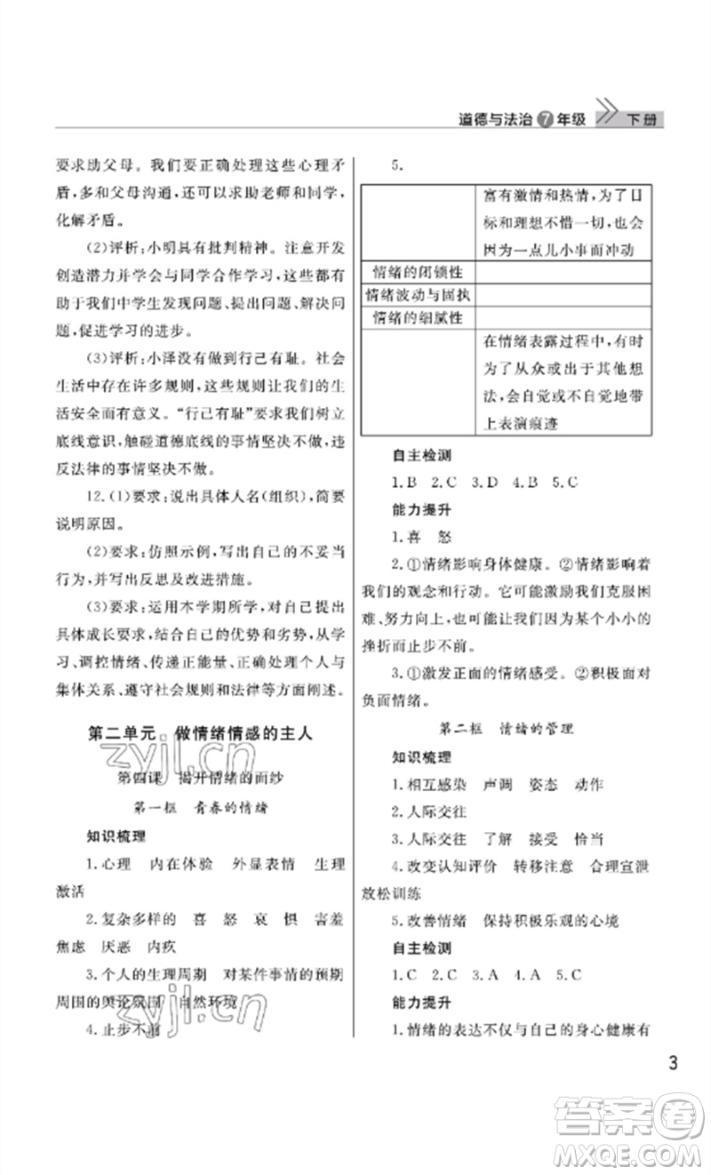 武漢出版社2023智慧學(xué)習(xí)天天向上課堂作業(yè)七年級(jí)道德與法治下冊(cè)人教版參考答案