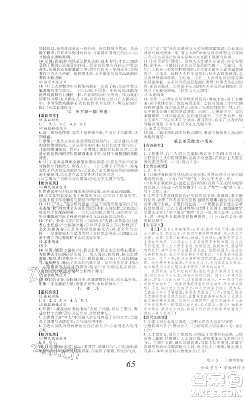 北京時(shí)代華文書局2023全效學(xué)習(xí)學(xué)業(yè)評(píng)價(jià)方案九年級(jí)語文下冊(cè)人教版參考答案