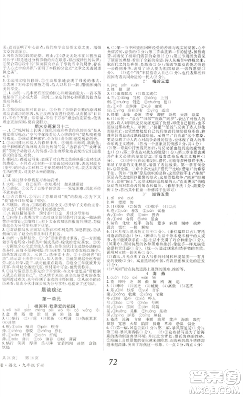 北京時(shí)代華文書局2023全效學(xué)習(xí)學(xué)業(yè)評(píng)價(jià)方案九年級(jí)語文下冊(cè)人教版參考答案