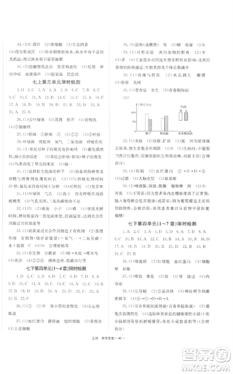 湖南師范大學出版社2023全效學習中考學練測九年級生物通用版參考答案