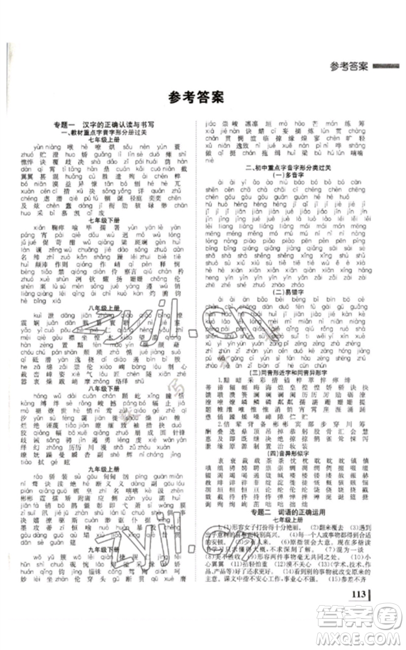 湖南師范大學(xué)出版社2023全效學(xué)習(xí)中考學(xué)練測(cè)九年級(jí)語(yǔ)文人教版郴州專版參考答案