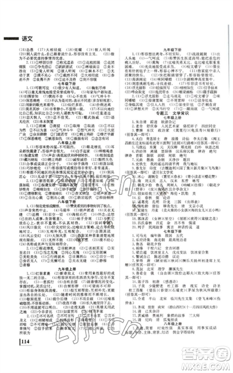 湖南師范大學(xué)出版社2023全效學(xué)習(xí)中考學(xué)練測(cè)九年級(jí)語(yǔ)文人教版郴州專版參考答案