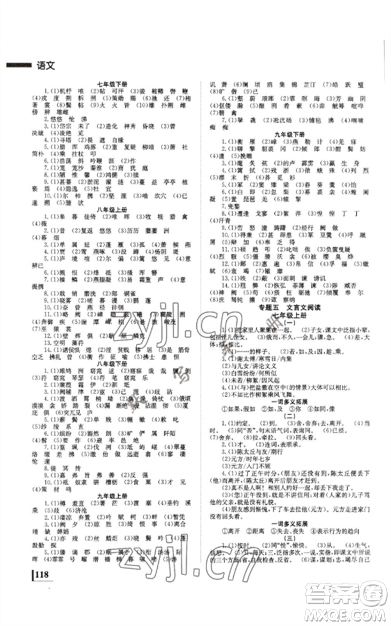 湖南師范大學(xué)出版社2023全效學(xué)習(xí)中考學(xué)練測(cè)九年級(jí)語(yǔ)文人教版郴州專版參考答案