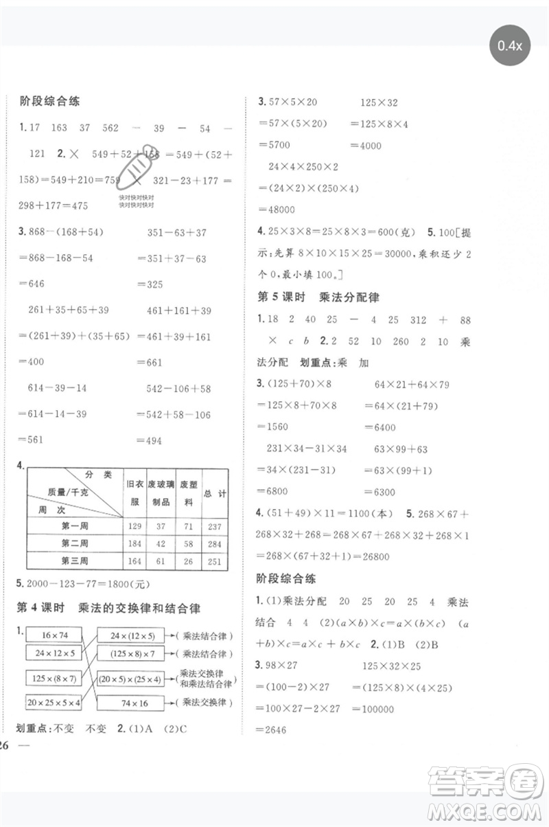 吉林人民出版社2023全科王同步課時練習(xí)四年級數(shù)學(xué)下冊人教版參考答案