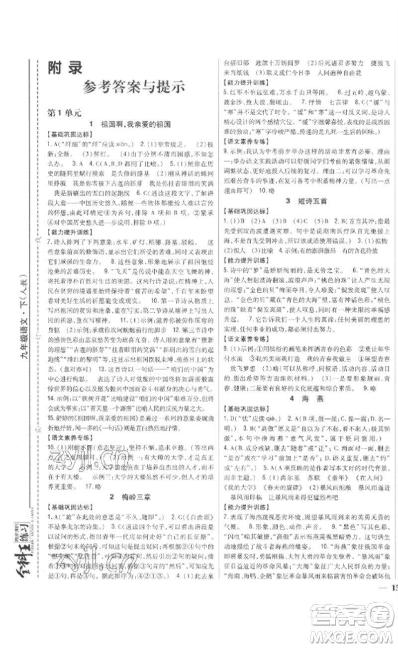 吉林人民出版社2023全科王同步課時(shí)練習(xí)九年級語文下冊人教版參考答案