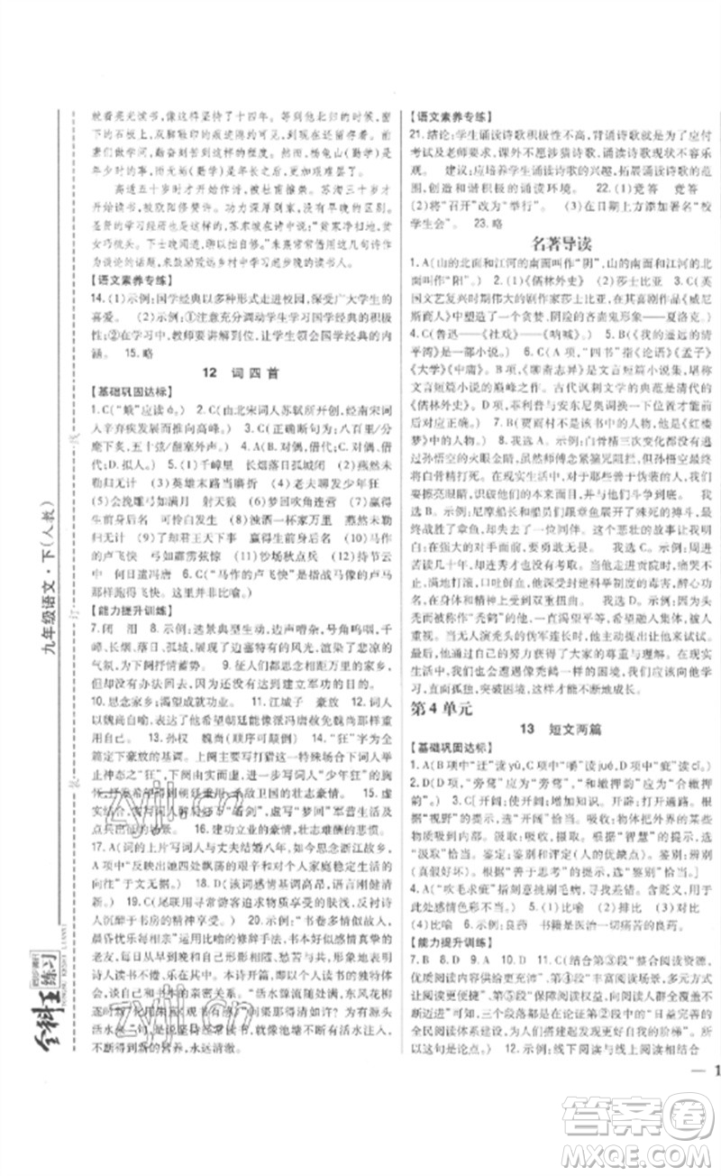 吉林人民出版社2023全科王同步課時(shí)練習(xí)九年級語文下冊人教版參考答案