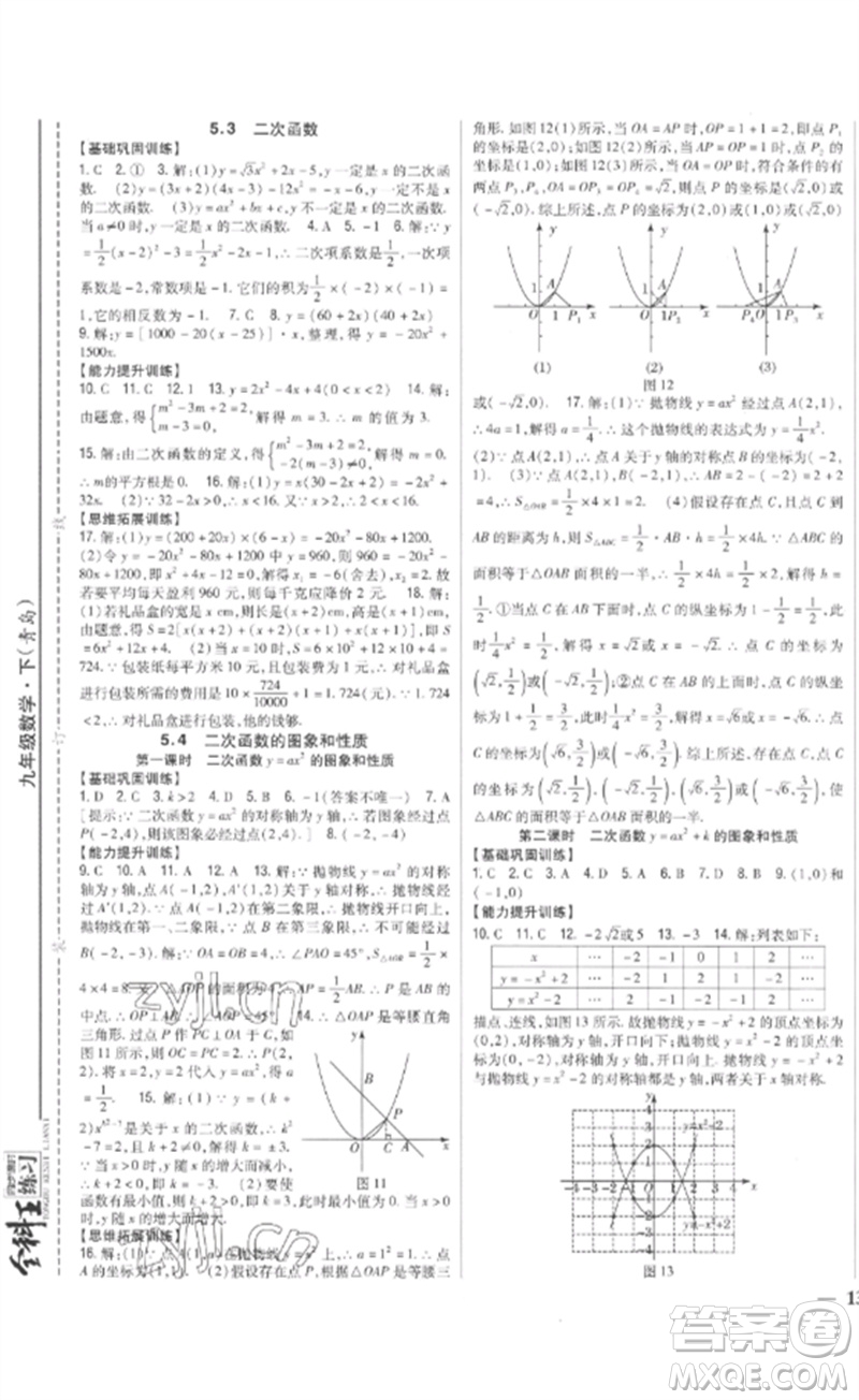 吉林人民出版社2023全科王同步課時練習(xí)九年級數(shù)學(xué)下冊青島版參考答案