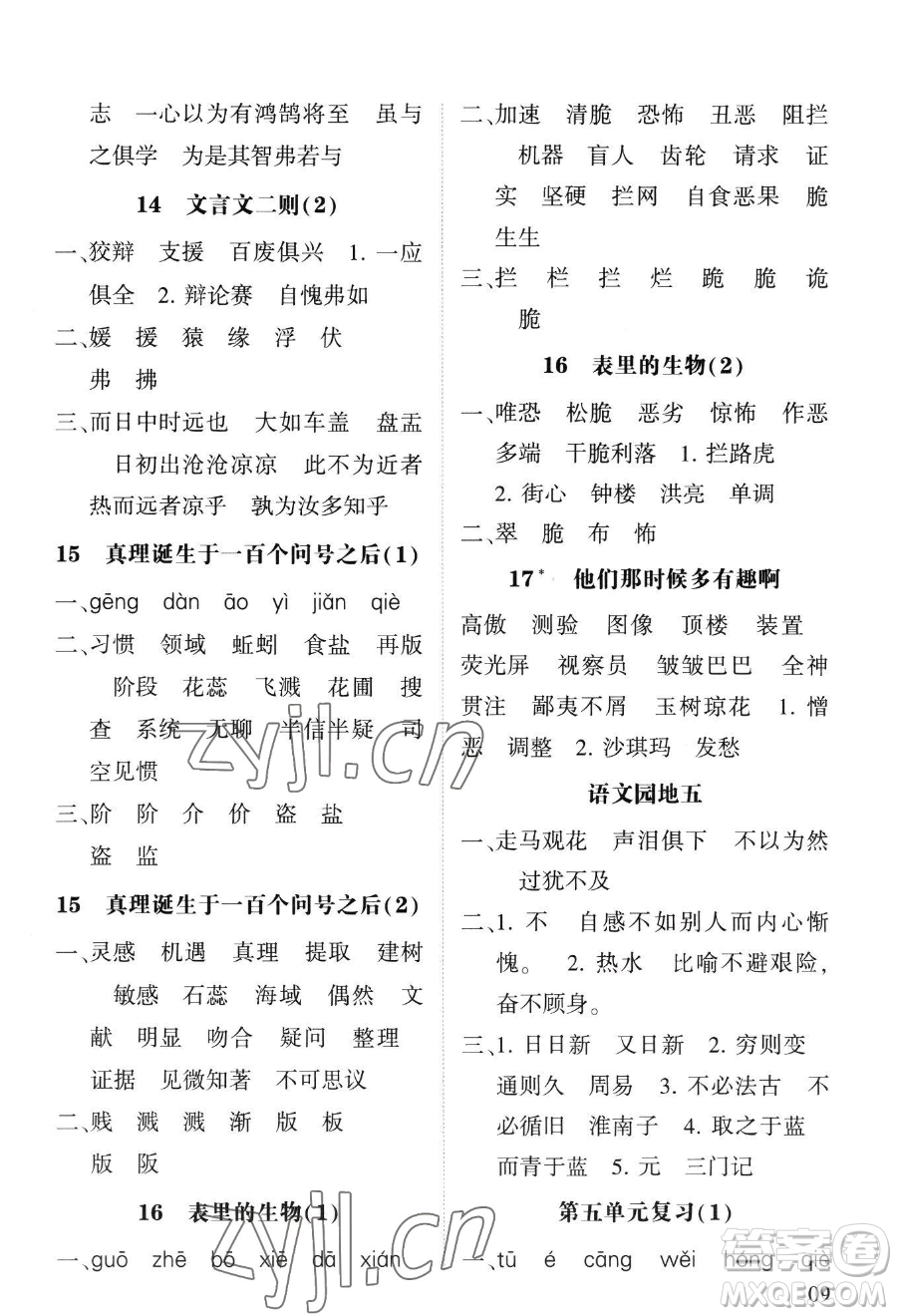 寧夏人民教育出版社2023經(jīng)綸學(xué)典默寫達(dá)人六年級下冊語文人教版參考答案