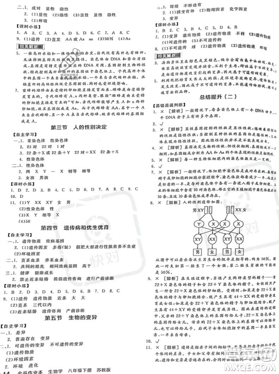 天津人民出版社2023全品作業(yè)本八年級(jí)下冊(cè)生物蘇教版參考答案