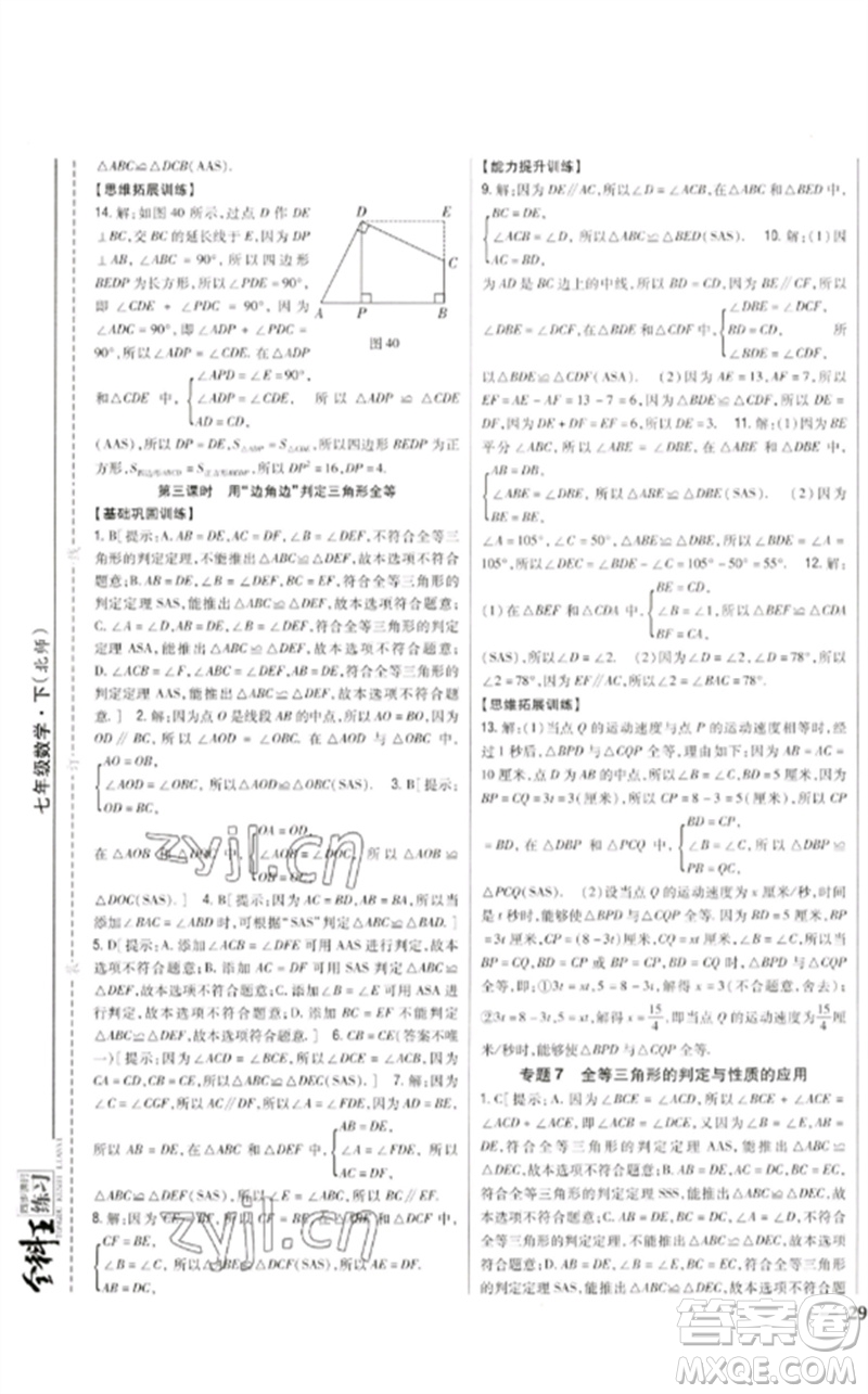 吉林人民出版社2023全科王同步課時練習七年級數(shù)學下冊北師大版參考答案