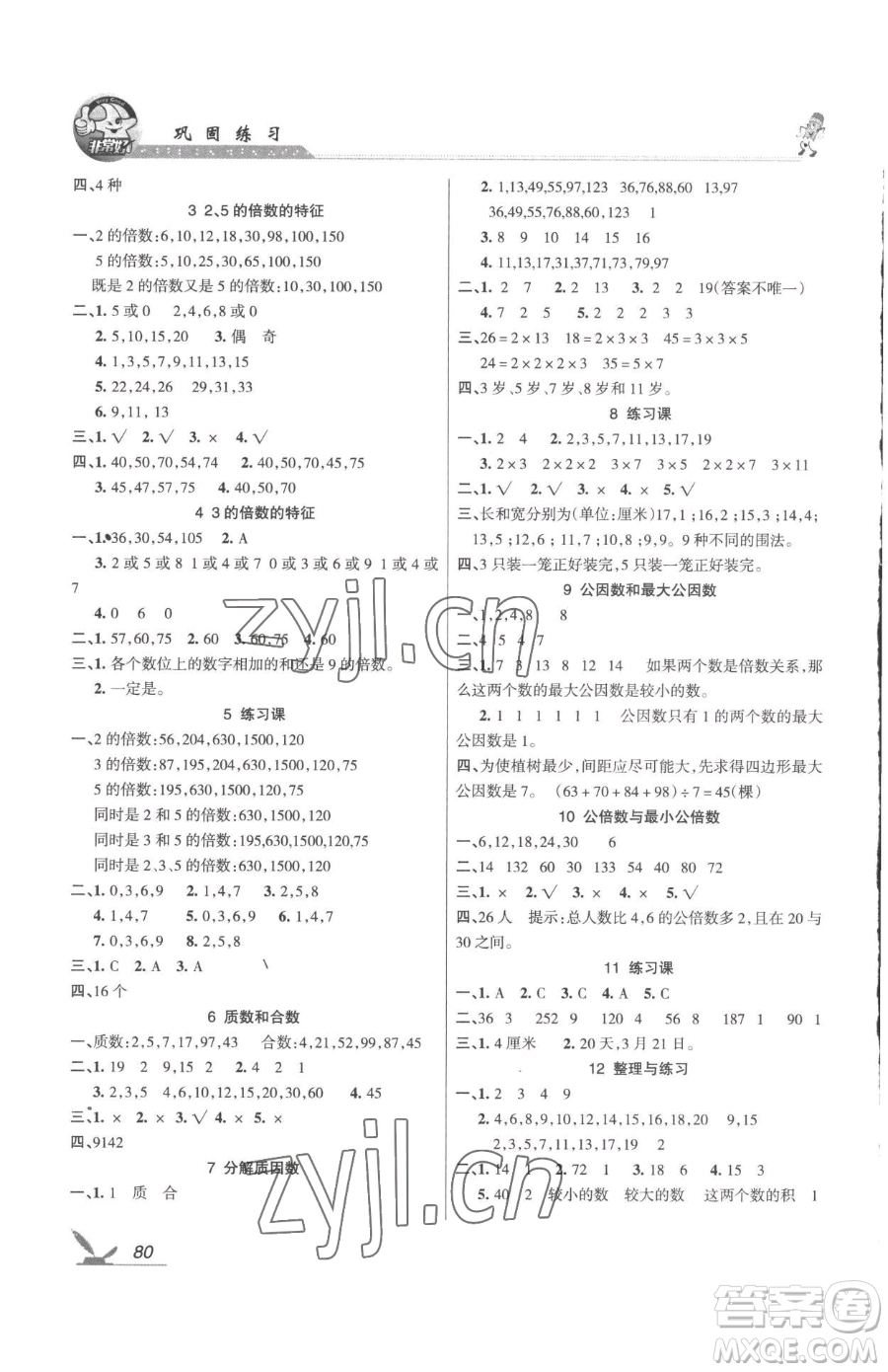 湖南教育出版社2023鞏固練習(xí)五年級(jí)下冊(cè)數(shù)學(xué)蘇教版參考答案