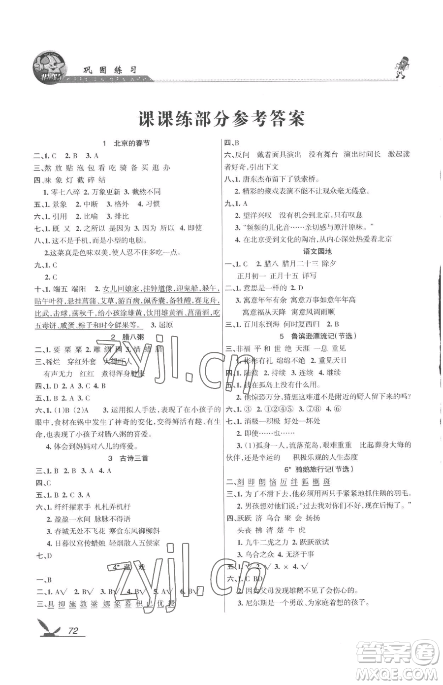 湖南教育出版社2023鞏固練習(xí)六年級下冊語文人教版參考答案