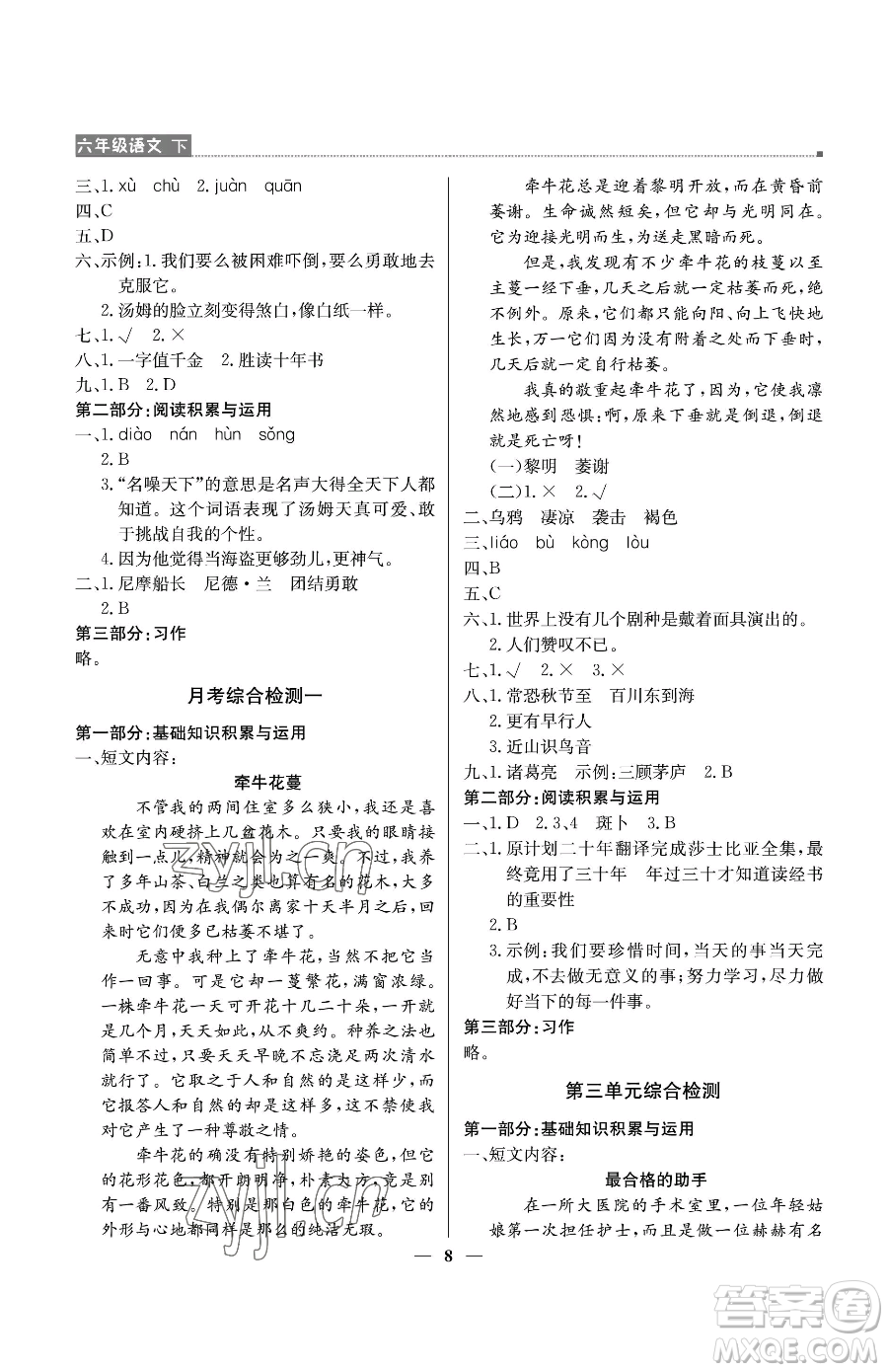 北京教育出版社2023提分教練優(yōu)學(xué)導(dǎo)練測六年級下冊語文人教版東莞專版參考答案