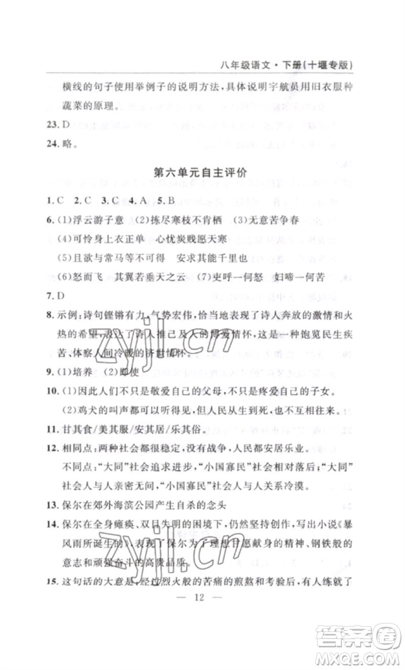 長(zhǎng)江少年兒童出版社2023智慧課堂自主評(píng)價(jià)八年級(jí)語文下冊(cè)人教版十堰專版參考答案