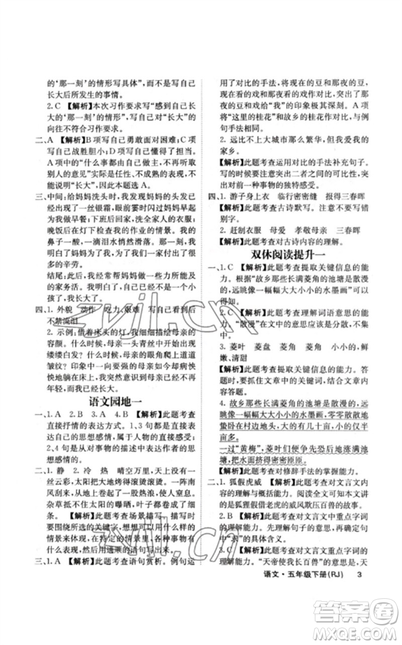 沈陽出版社2023課堂點睛五年級語文下冊人教版福建專版參考答案